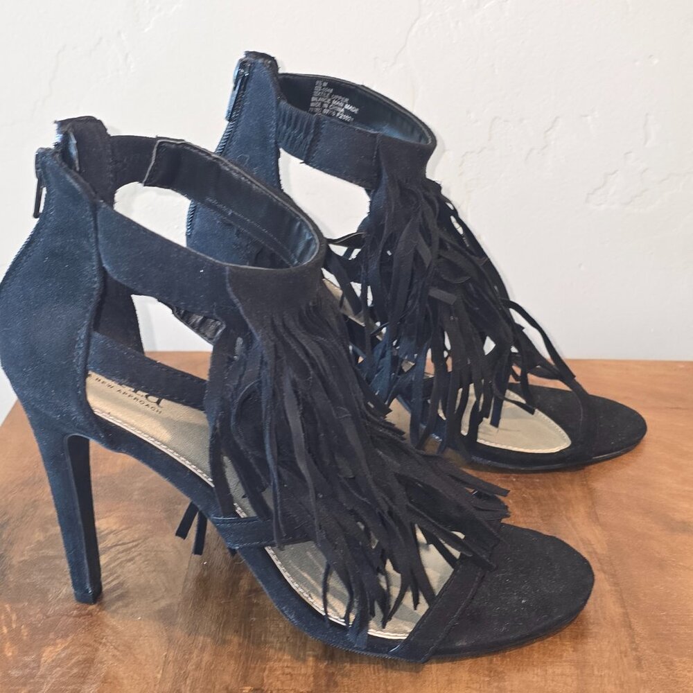 a.n.a Black Fringe Ankle Strap Heels Size 9.5 Stiletto Sandals Boho